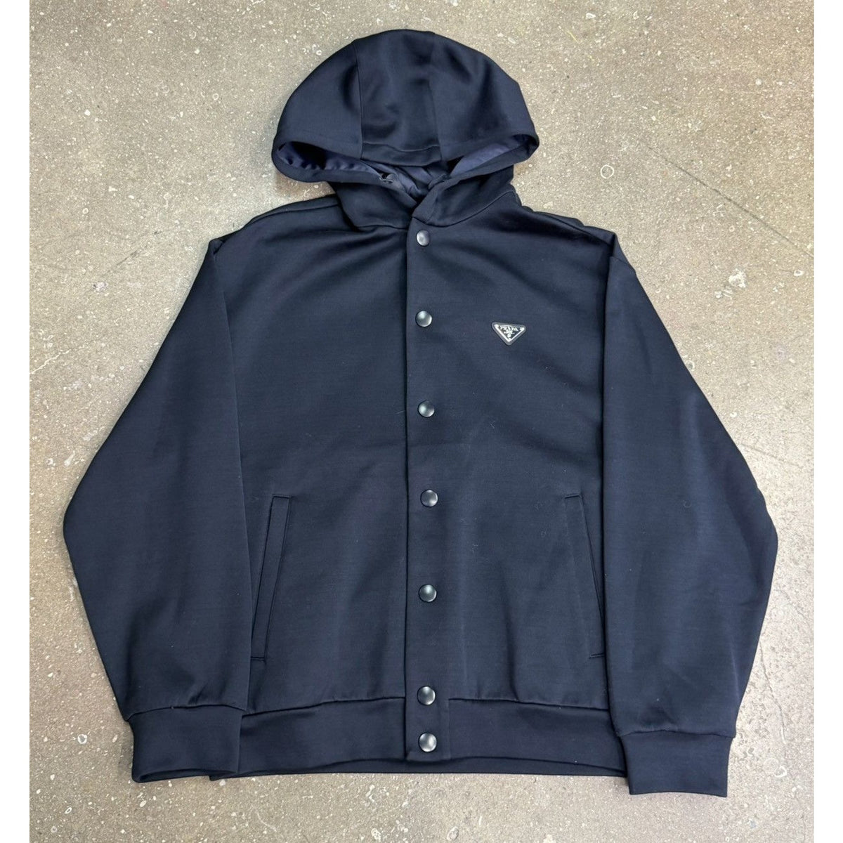 Prada Logo Hooded Button Up Navy Jacket