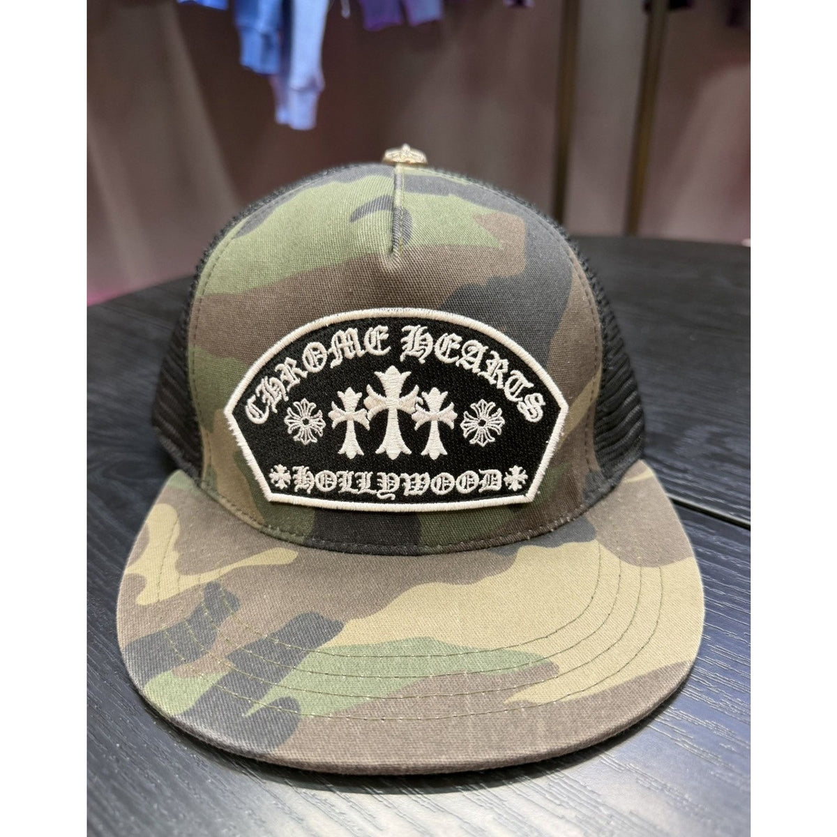 Chrome Hearts Camo Cemetry Cross Patch Trucker Hat