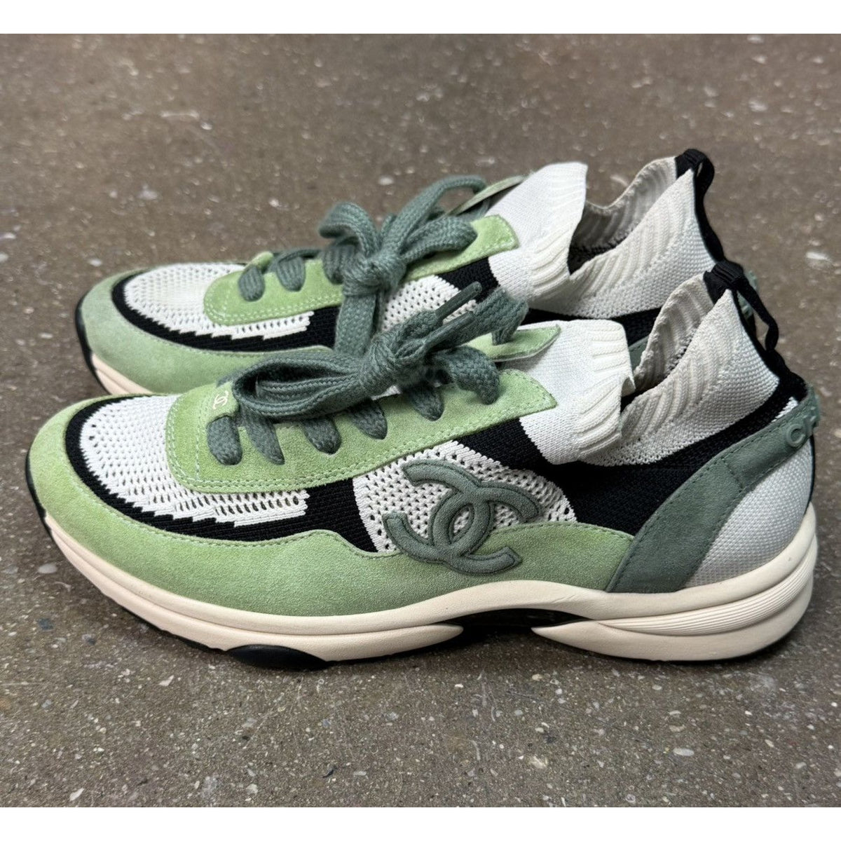 Chanel Green White Black Suede Knit CC Logo Trainers