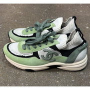 Chanel Green White Black Suede Knit CC Logo Trainers